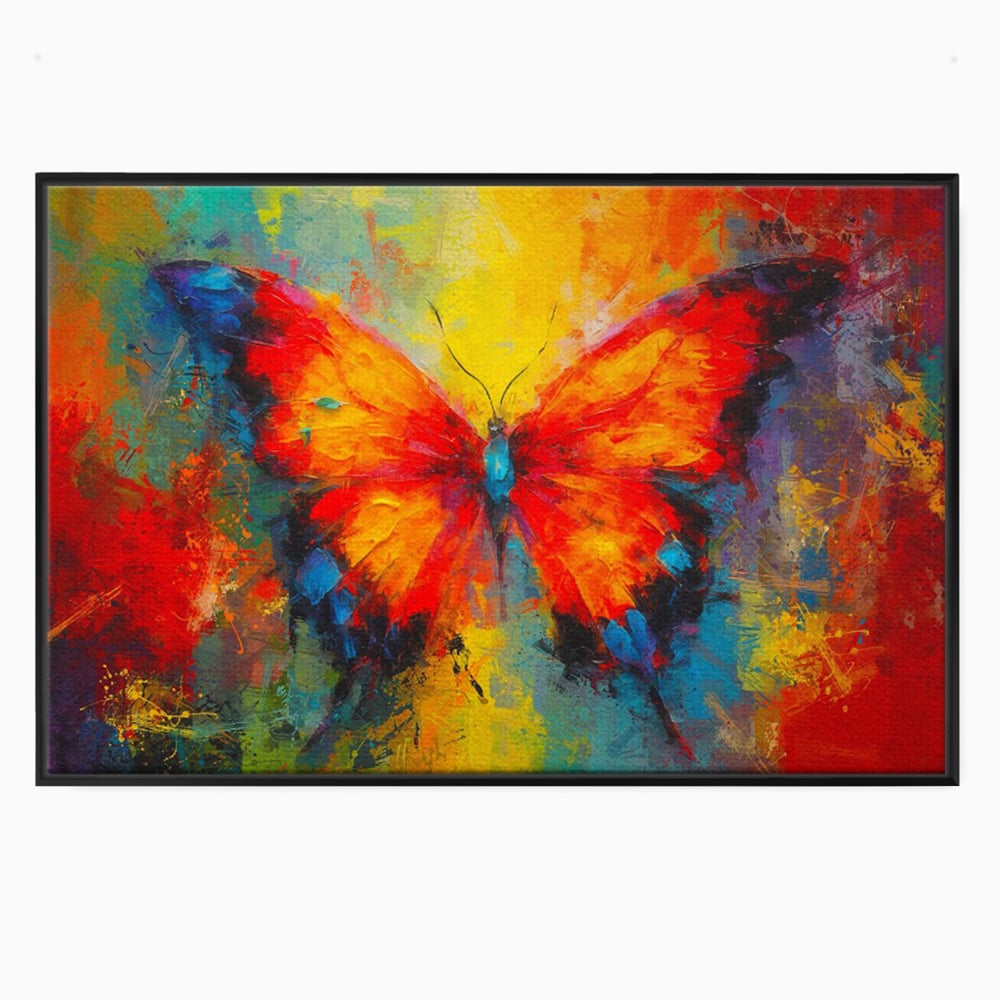Tablou canvas cu pictura orizontala cu fluture colorat, in rama de aluminiu negru